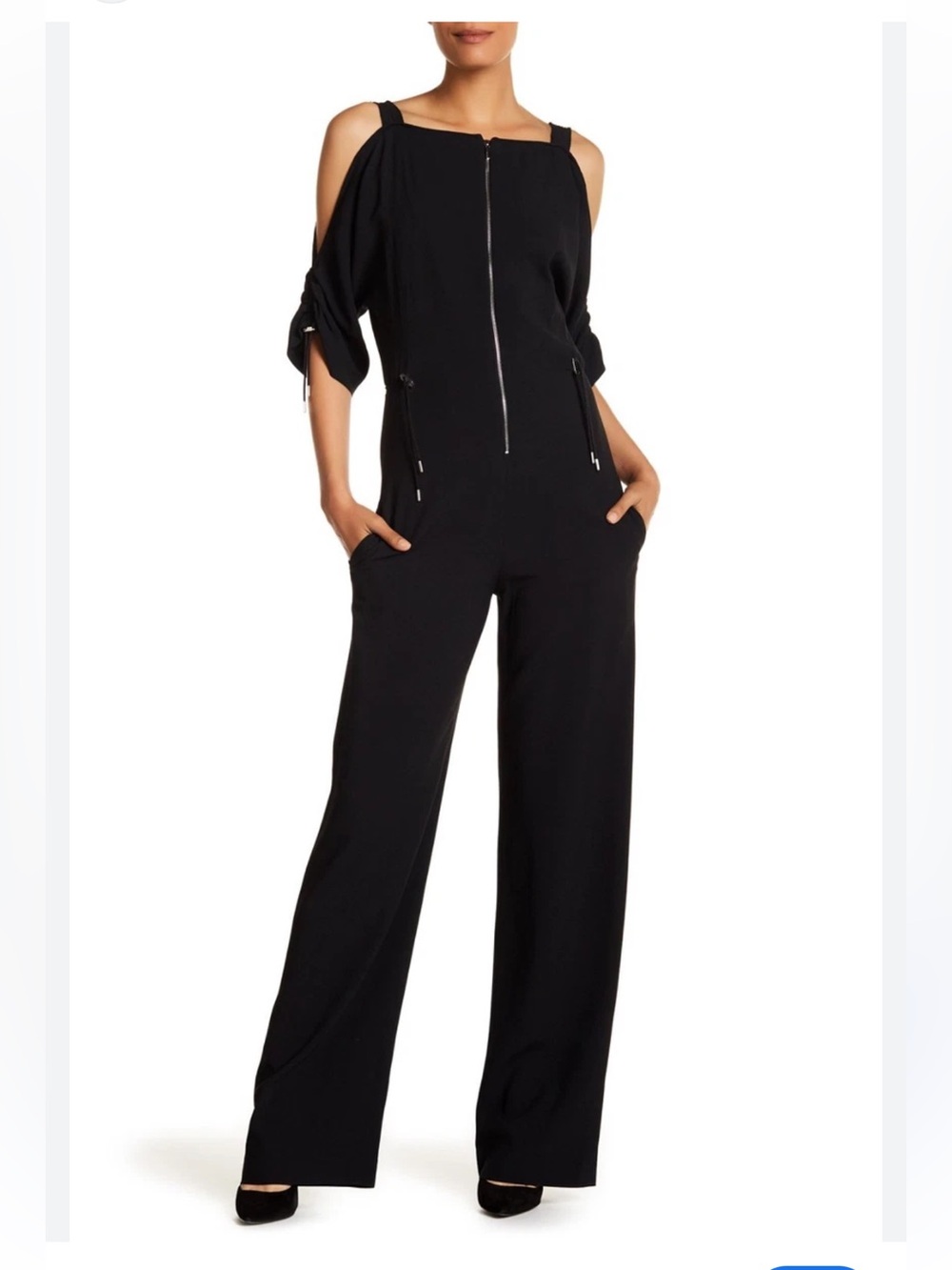 Boss Black Cold-Shoulder Wide-Leg Jumpsuit with Front Zip and Ties